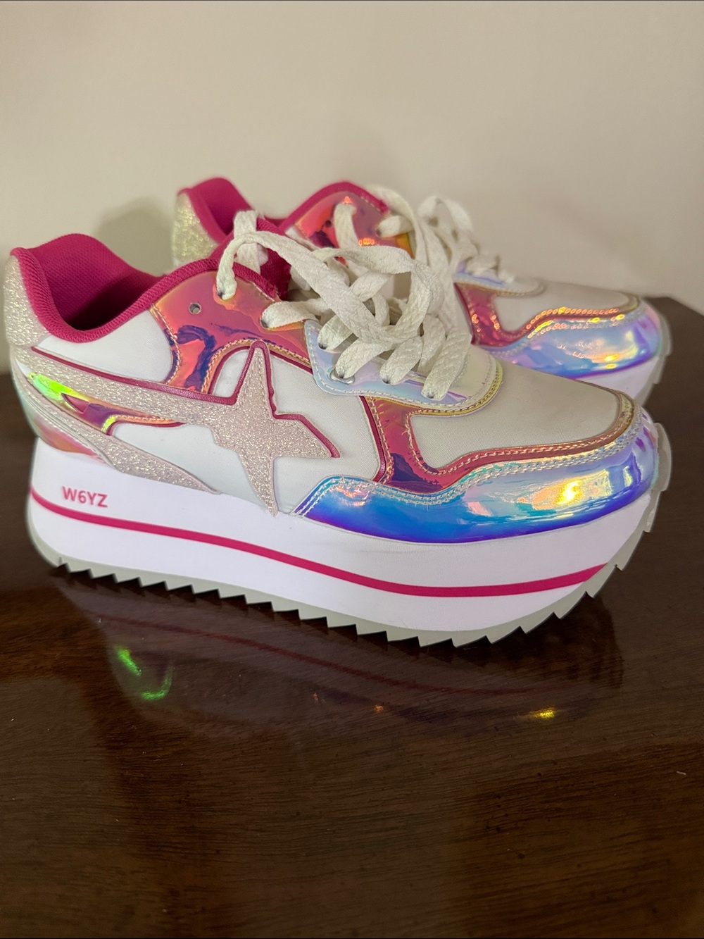 Holographic Pink Platform Sneakers with Star Accent